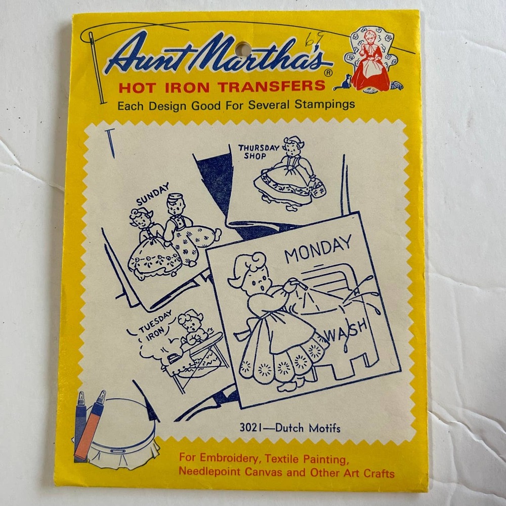 Aunt Marthas Hot Iron Transfers Day of‎ Week Chores Dutch Motif #3021